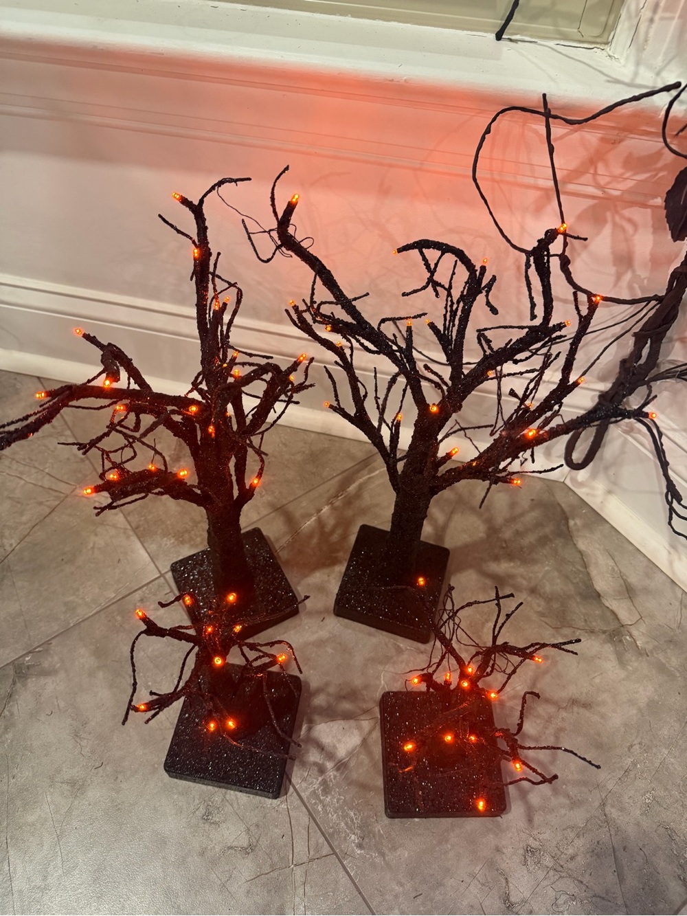 4 Lighted Black Glitter Halloween Trees Orange Lights Battery Operated